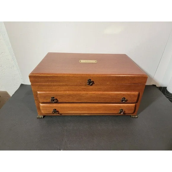 Vintage Wooden Jewelry Box Chest Organizer Yellow Felt Lined 2 Drawer Open Top - Picture 4 of 16